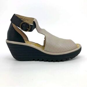 Fly London Womens Yall Platform Wedge Sandals Borg Silver Black Open Toe 9.5/10